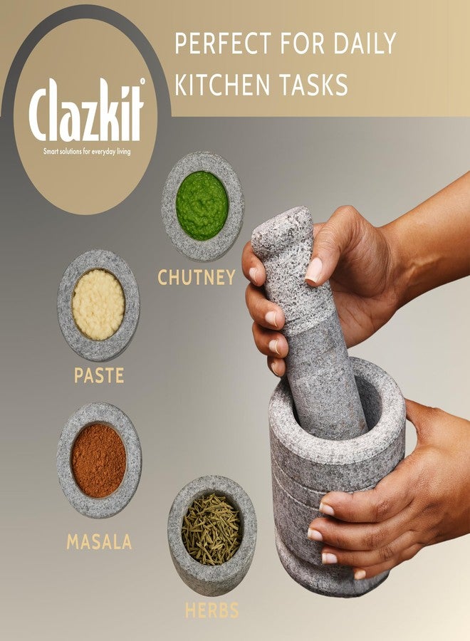 Clazkit Oothukuli Stone Mortar and Pestle Set - 5 Inch Okhli/Khalbatta/Idi Kallu - Traditional Hand Grinder for Chutney, Spices, Herbs & Ginger-Garlic Crushing - Grey - Image 3